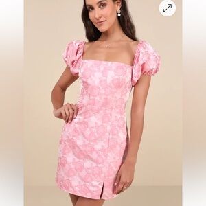 Lulu's Momentous Cuteness Pink Jacquard Off-the-Shoulder Mini Dress
